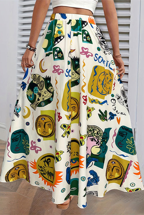 Unique Printed Elastic Waist and Large Hem Maxi Skirt