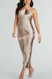 Sexy Allnight Metallic Halterneck Backless Fringed Slit Maxi Dress