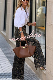 Wild Feel Denim Leopard Print High Rise Wide Leg Pocketed Jeans