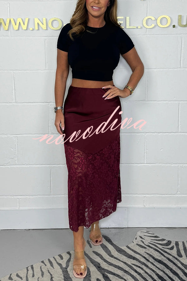 It's Your Night Solid Satin Lace Hem Midi Skirt