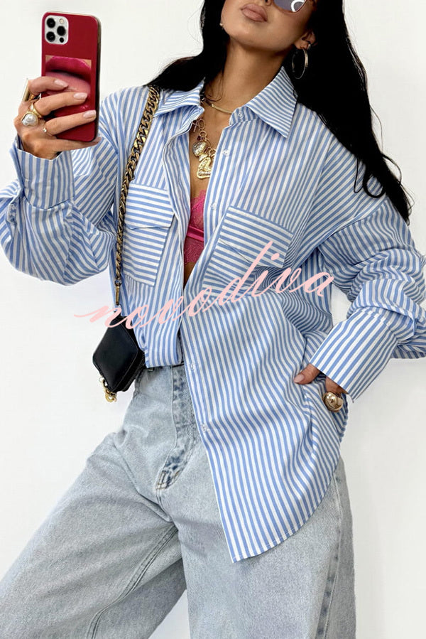 Stripe Print Lapel Long Sleeve Pocket Casual Shirt