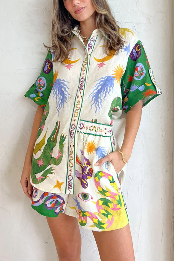 Holidays of Heaven Linen Blend Special Unique Printed Blouse and Elastic Waist Pocketed Shorts Set