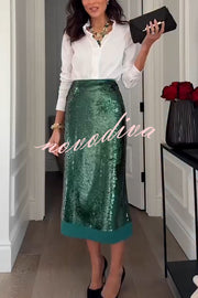 Shimmer Scene Sequin Patchwork Hem High Rise Slit Pencil Midi Skirt