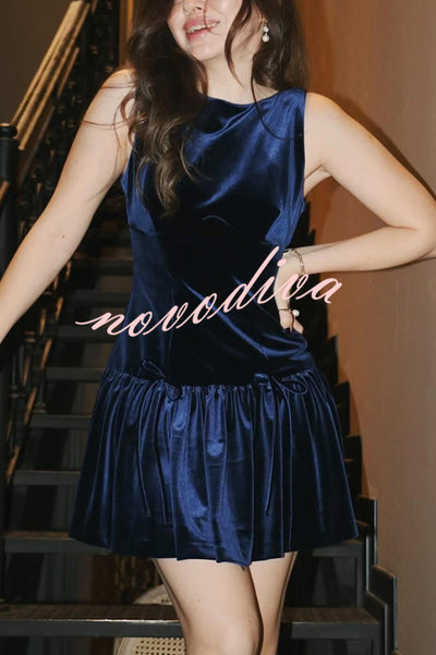 Solid Velvet Bow Embellished Sleeveless Mini Dress