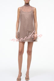 Playful Charm Sheer Chiffon Embellished Feather Back Bow H-line Mini Dress