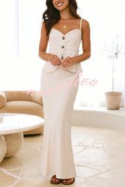 Solid Color Halter Button-Down Top and Elegant Fitted Maxi Skirt Set