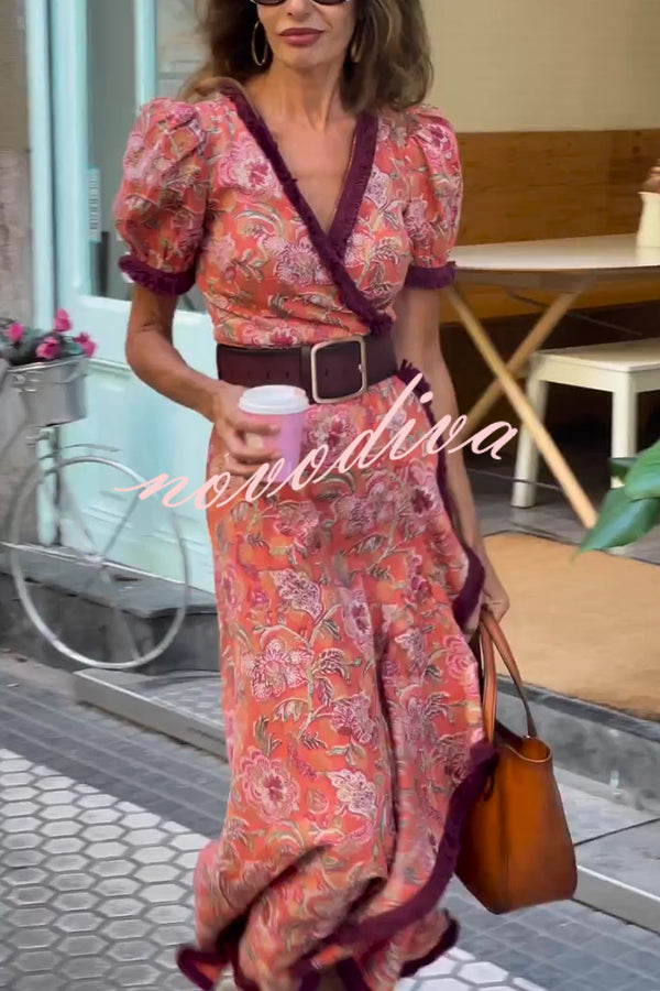 Bohemian Floral Print Elegant Puff Sleeve Holiday Maxi Dress