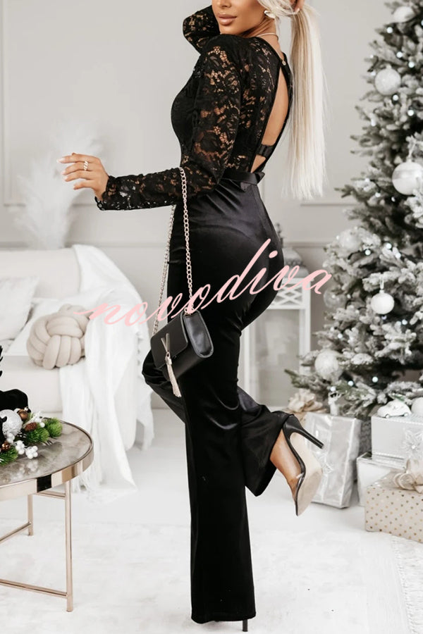 Sonya Lace Velvet Patchwork Long Sleeve Belted Flare Stretch Jumpsuit