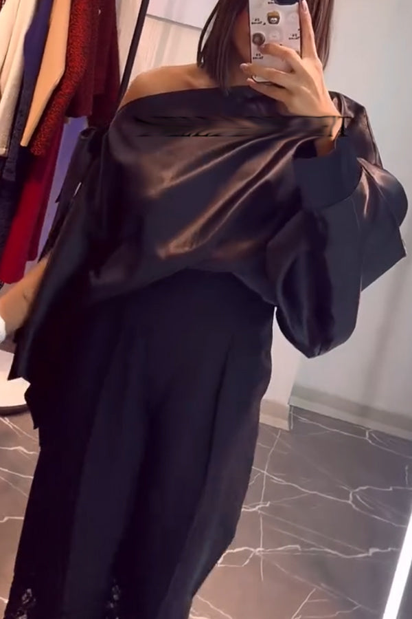 Chic Moment Satin Irregular Knot Slit Sleeve One Shoulder Loose Blouse