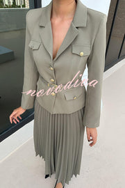 Solid Color Lapel Button Belt Blazer and Pleated Casual Maxi Skirt Set