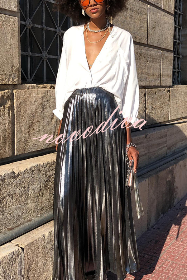 Fashionable Metallic Pleated Back Elastic Waist Maxi Skirt