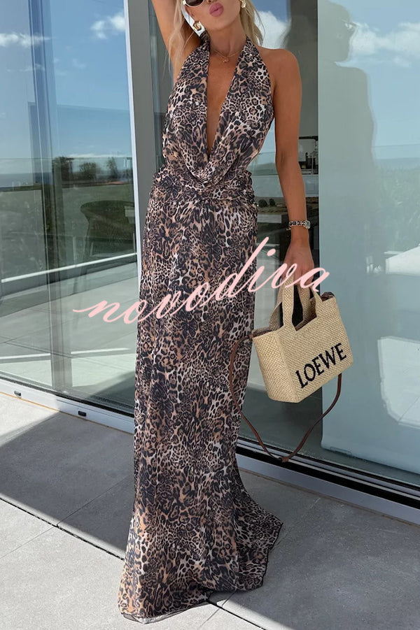 Sexy Sleeveless Backless Halter Neck Lace Up Maxi Dress