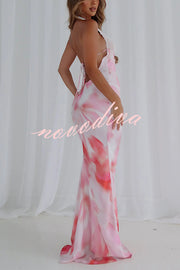 Fashion Printed Halter Neck Backless Lace-Up Sexy Slim Maxi Dress