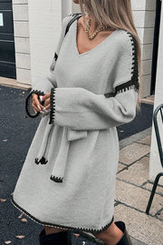Stylish Loose-fitting Long-sleeved Tie-waist Knit Mini Dress