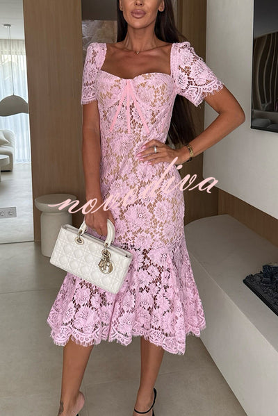 Jodie Flower Lace Sweet Heart Neck Short Sleeve Fishtail Midi Dress