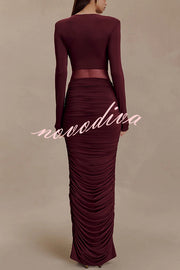 Sexy See-through Long-sleeved V-neck Pleated Slim-fit Maxi Dress