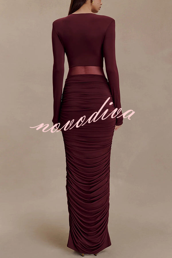 Sexy See-through Long-sleeved V-neck Pleated Slim-fit Maxi Dress