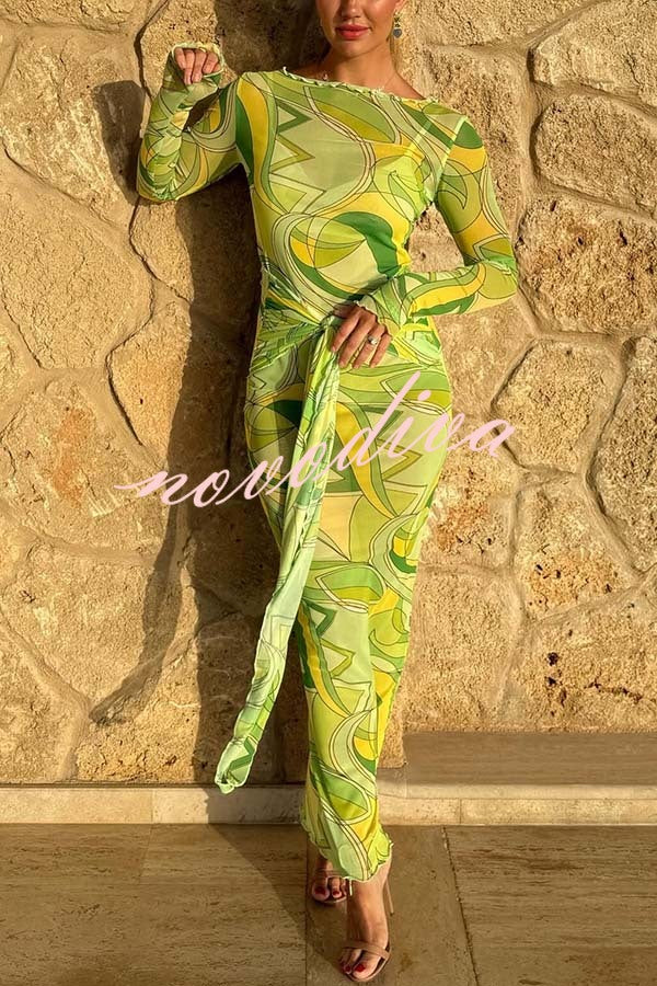 Nessie Mesh Unique Print Tie-up Waist Long Sleeve Stretch See-Through Maxi Dress