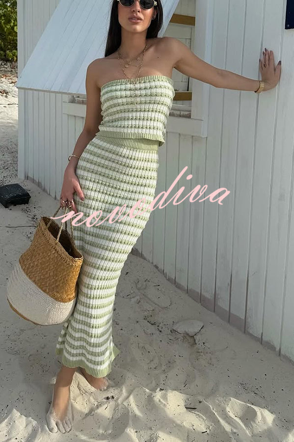 Bahamas Beach Knit Colorblock Stripes Bandeau Top and High Rise Stretch Maxi Skirt Set