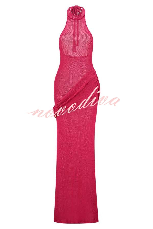 Quiet Confidence Knit Ruched Hip Halter Backless Stretch Maxi Dress