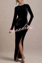 Love Lost Velvet Embellished High Neck Long Sleeve Twist Slit Maxi Dress