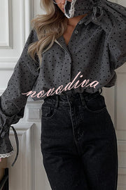 Fashionable Love Polka Dot Lapel Lace Cuffs Casual Shirt