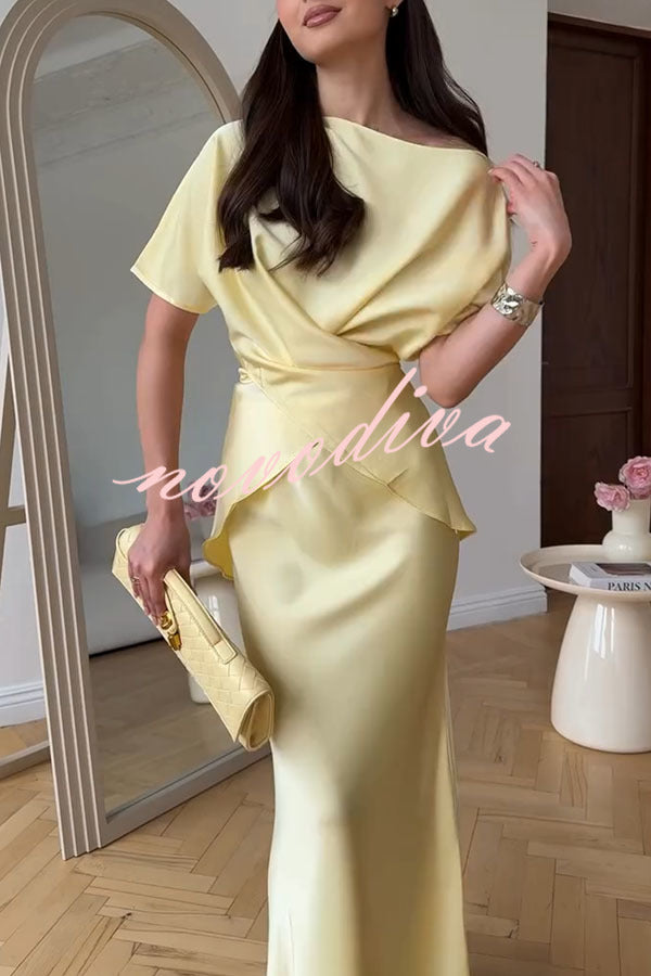 Secret of Elegance Satin Slit Back Lace-up Top and Elastic Waist Flare Maxi Skirt Set
