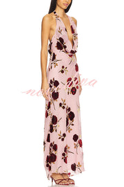 Rose Secret Printed Cowl Neck Halter Backless Maxi Dress