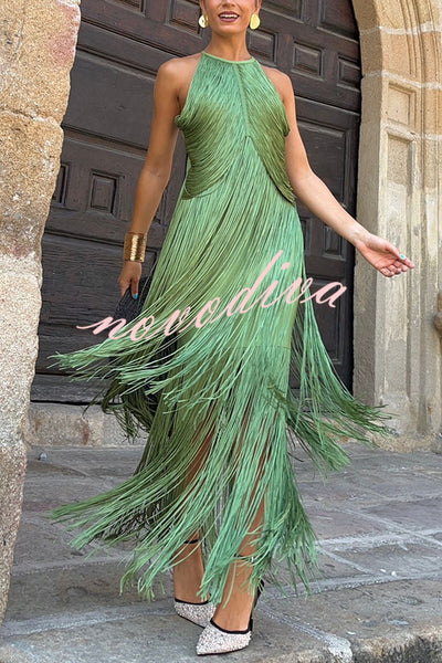 Fashion Sleeveless Halter Neck Elegant Tassel Slim Maxi Dress