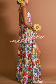 Garden Wedding Floral Print Back Tie-up Pocketed Slit Maxi Dress