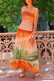 Fairy Tale Town Sunset Unique Print Off Shoulder Smocked Maxi Dress