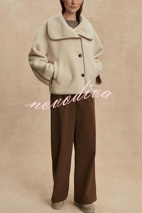 Romane Faux Fleece Fabric Contrast Trim Long Sleeve Knitted Pocket Lapel Loose Jacket