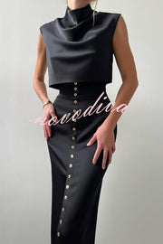 Solid Color Casual Sleeveless Crop Top and Elegant Button-down Maxi Skirt Set