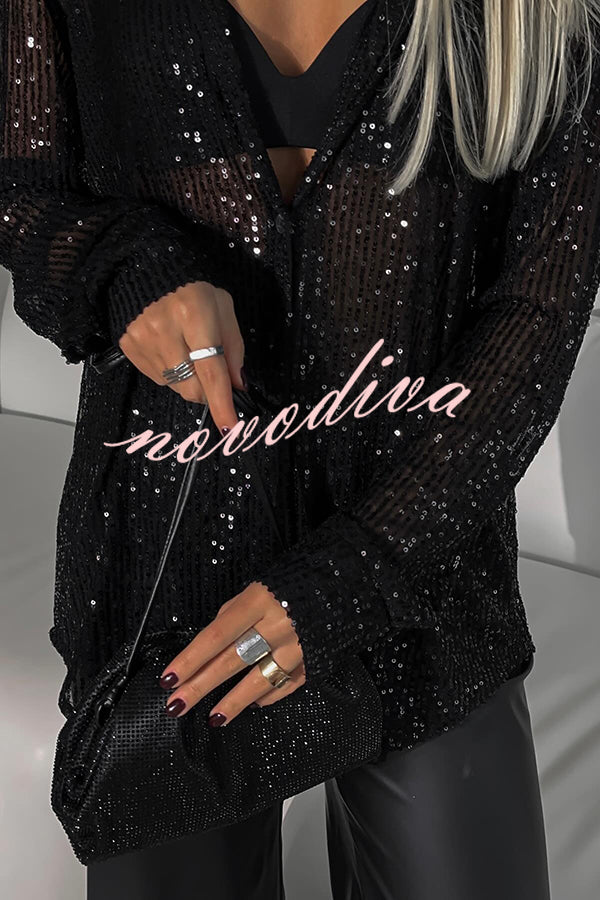 Fashion Sequin Lapel Long Sleeve Loose Shirt