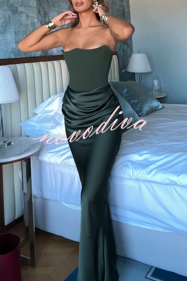 Attend The Gala Strapless Corset Satin Ruched Hip Drape Maxi Dress