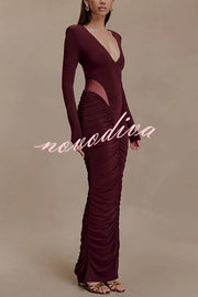 Sexy See-through Long-sleeved V-neck Pleated Slim-fit Maxi Dress