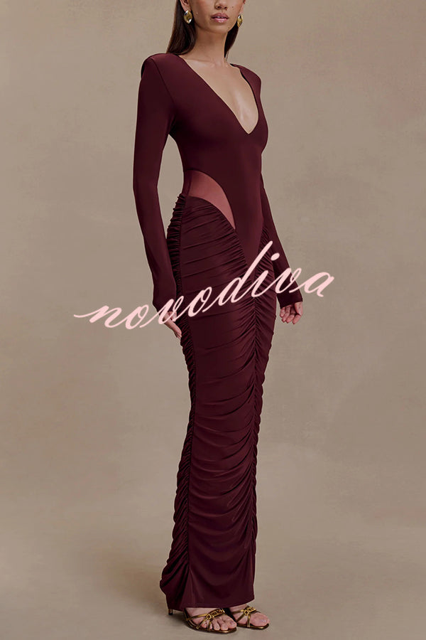 Sexy See-through Long-sleeved V-neck Pleated Slim-fit Maxi Dress