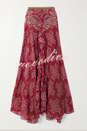 Unique Printed Chiffon Long-sleeved Loose Shirt and Elegant Ruffled Maxi Skirt Set