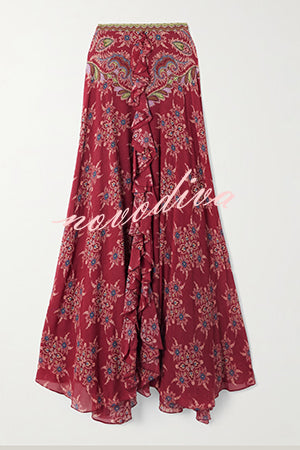 Unique Printed Chiffon Long-sleeved Loose Shirt and Elegant Ruffled Maxi Skirt Set