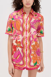 Neima Unique Print Wave Trim Button Up Short Sleeve Shirt and Elastic Waist Pocket Loose Shorts Set