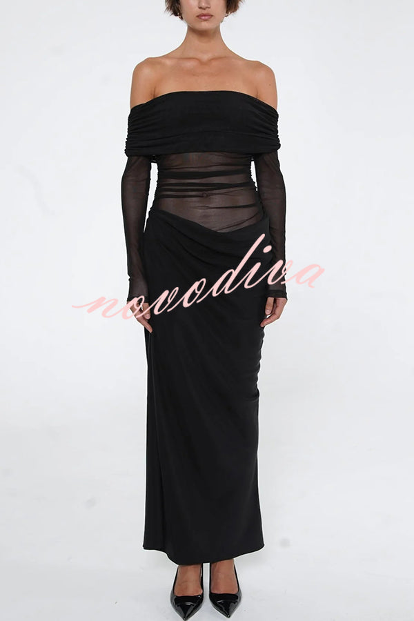 Exquisite Sexy Mesh Patchwork Off Shoulder Cutout Ruched Maxi Dress