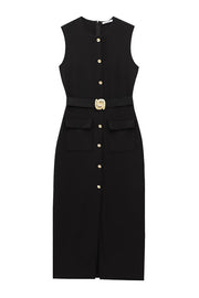 Danina Button Up Sleeveless Metal Belted Pocket Stretch Midi Dress