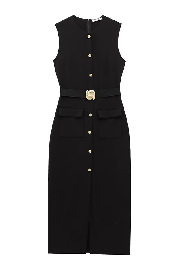 Danina Button Up Sleeveless Metal Belted Pocket Stretch Midi Dress