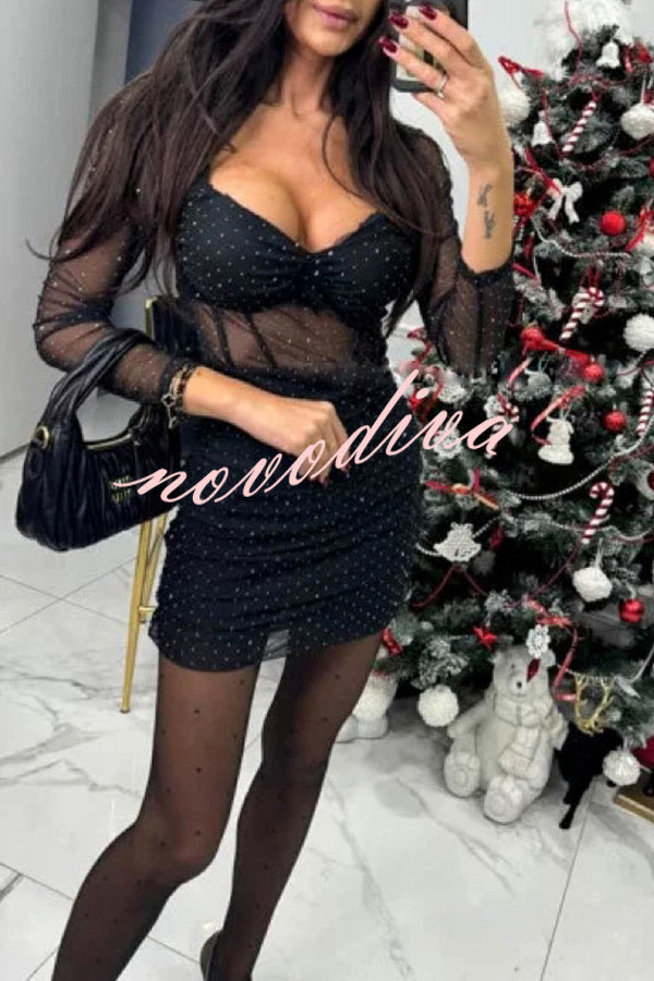 Gaze Mesh Glitter Fabric Sweetheart Neck Long Sleeve Stretch Mini Dress