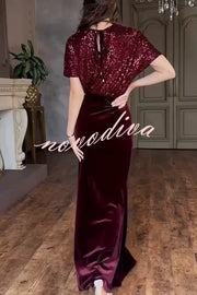Elegant V-neck Sequined Velvet Stitching Sexy Slit Maxi Dress