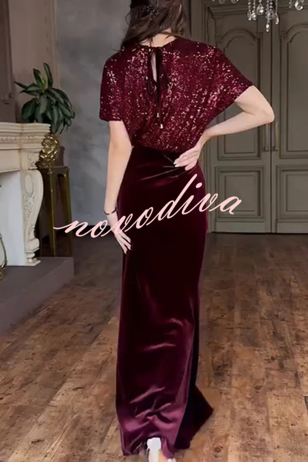 Elegant V-neck Sequined Velvet Stitching Sexy Slit Maxi Dress