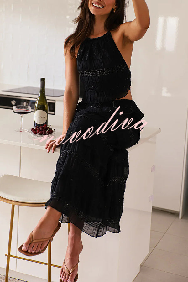 Feel Chic and Romantic Sequin Textured Material Back Elastic Halter Tie Tank