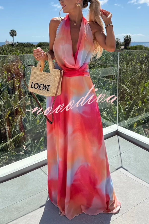 Sexy Sleeveless Backless Halter Neck Lace Up Maxi Dress