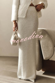 Solid Color Long-sleeved Button-pocket Knitted Jacket and Elegant Long Skirt Set