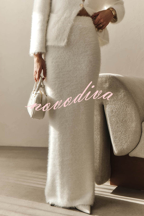 Solid Color Long-sleeved Button-pocket Knitted Jacket and Elegant Long Skirt Set